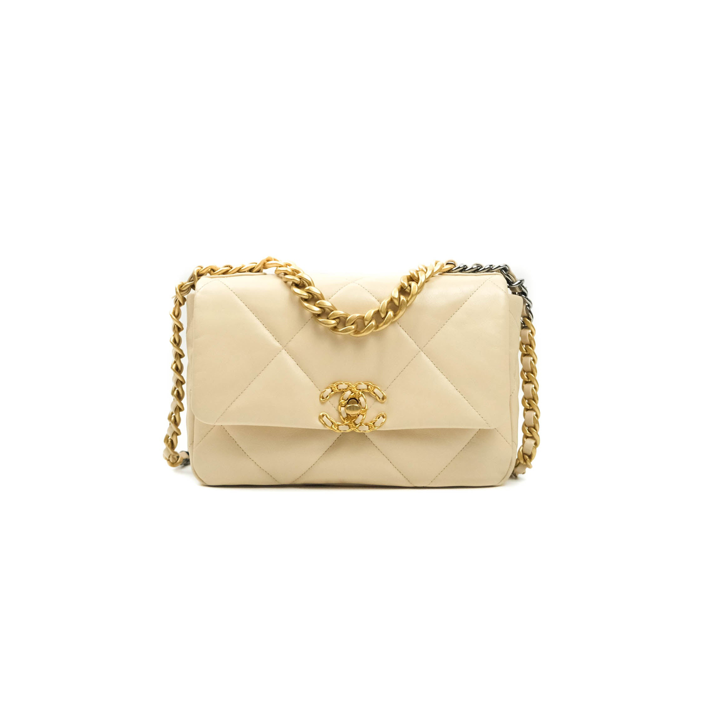 Ch*el 19 small beige goatskin mixed hardware as1160 (26*16*9cm)